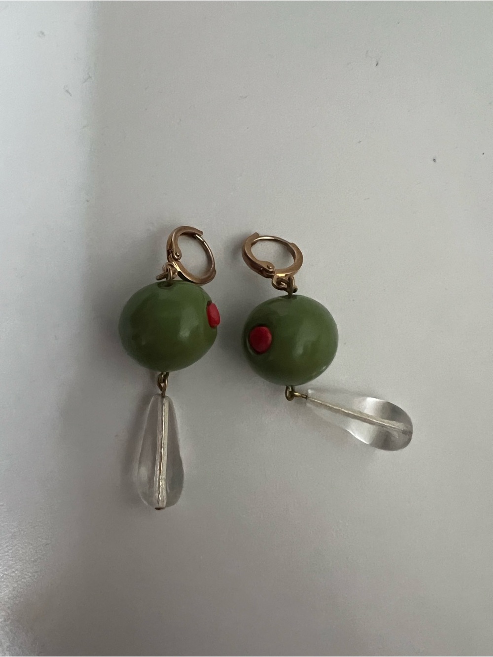 Olive Green Drop Earrings with Red Accent and Clear Teardrop